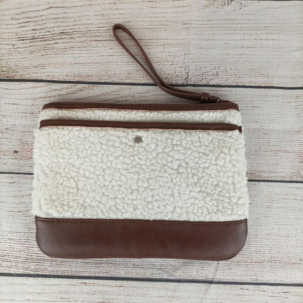 Lands' End Womens Wristlet Clutch Brown Sherpa Style